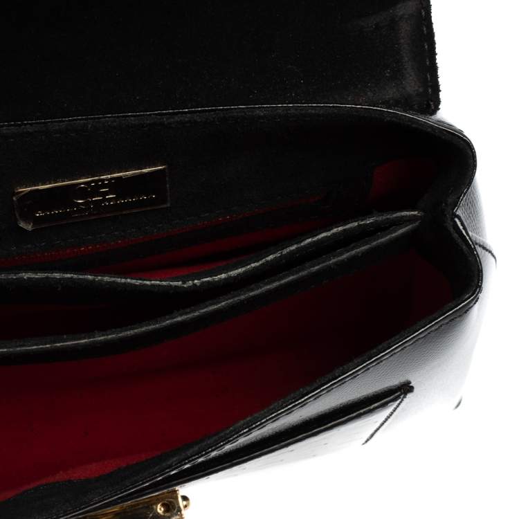 Pre Owned Carolina Herrera Black Monogram Patent Leather Flap Top Handle Bag