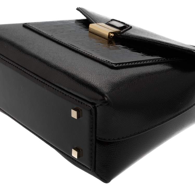 Pre Owned Carolina Herrera Black Monogram Patent Leather Flap Top Handle Bag