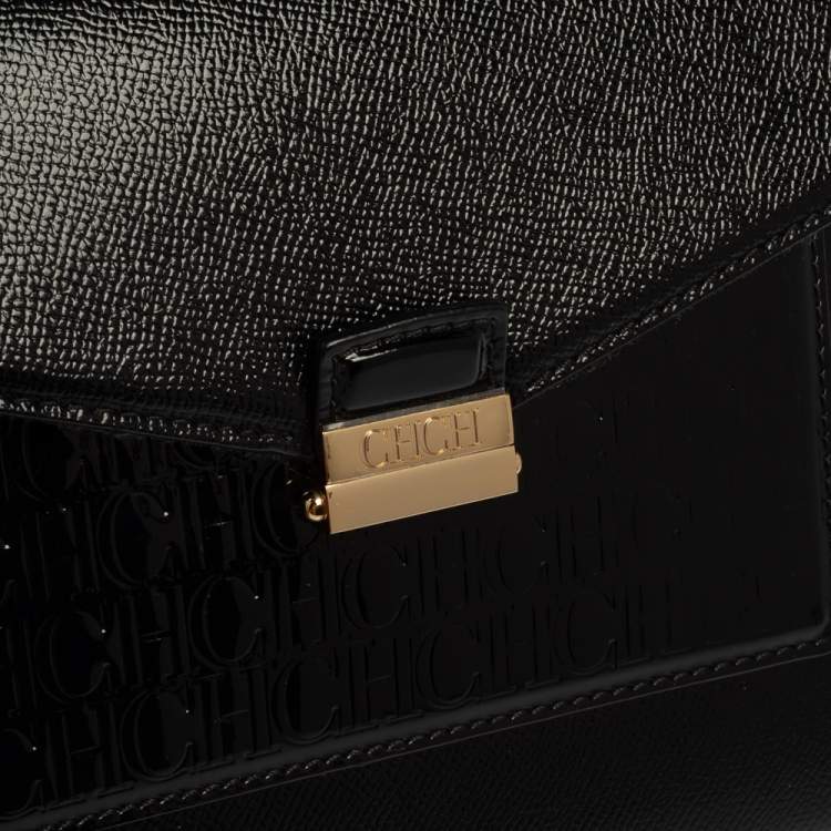 Pre Owned Carolina Herrera Black Monogram Patent Leather Flap Top Handle Bag