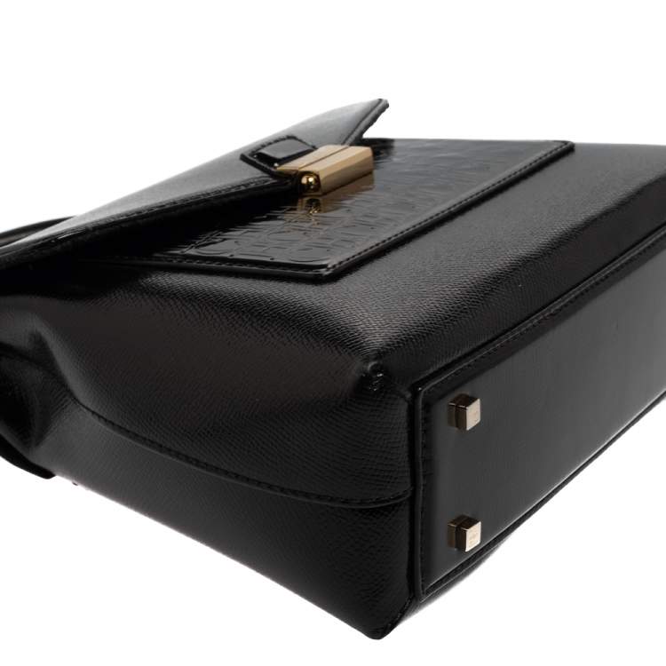 Pre Owned Carolina Herrera Black Monogram Patent Leather Flap Top Handle Bag
