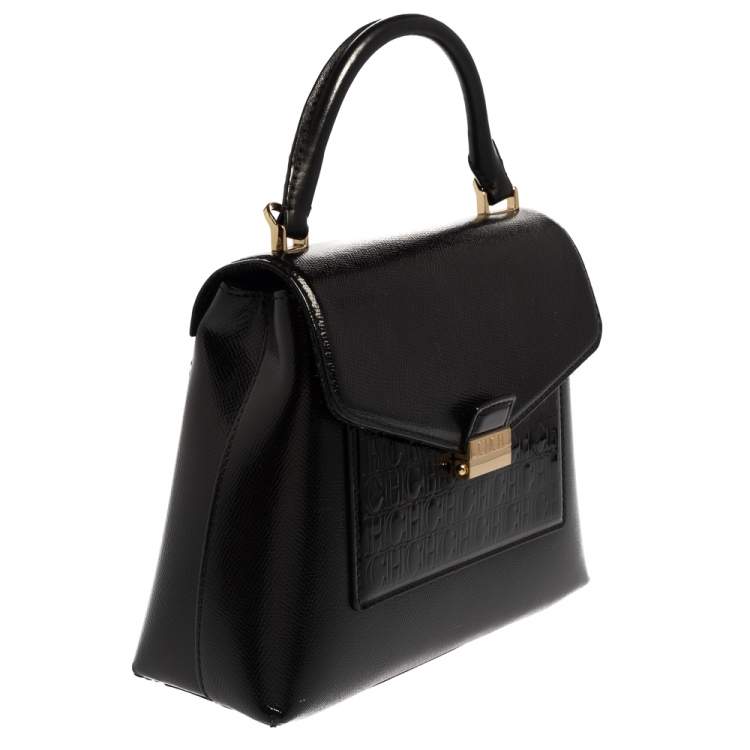 Pre Owned Carolina Herrera Black Monogram Patent Leather Flap Top Handle Bag