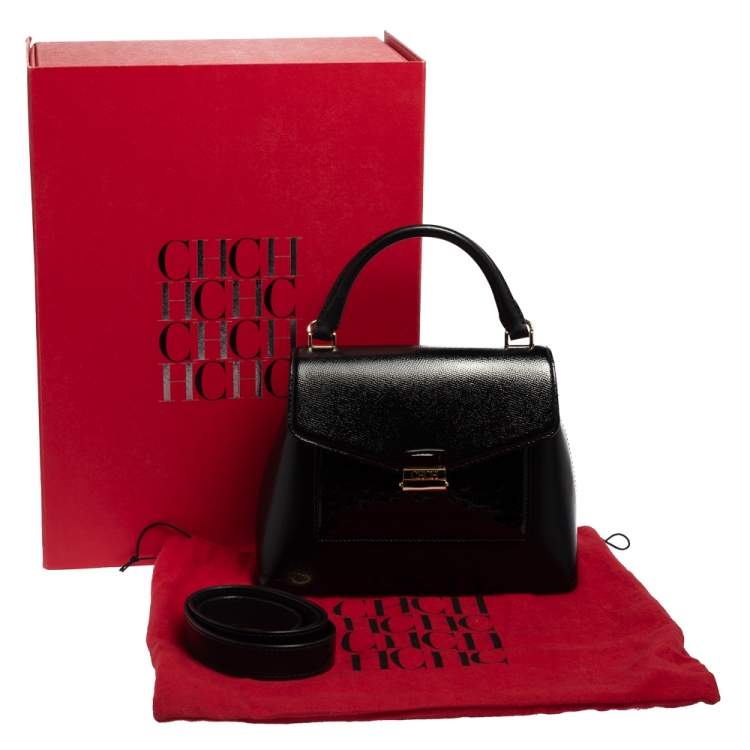Pre Owned Carolina Herrera Black Monogram Patent Leather Flap Top Handle Bag
