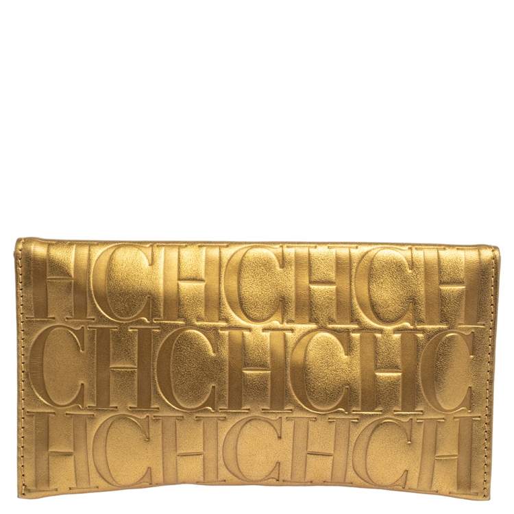 Pre Owned Carolina Herrera Metallic Gold Monogram Leather Tassel Clutch