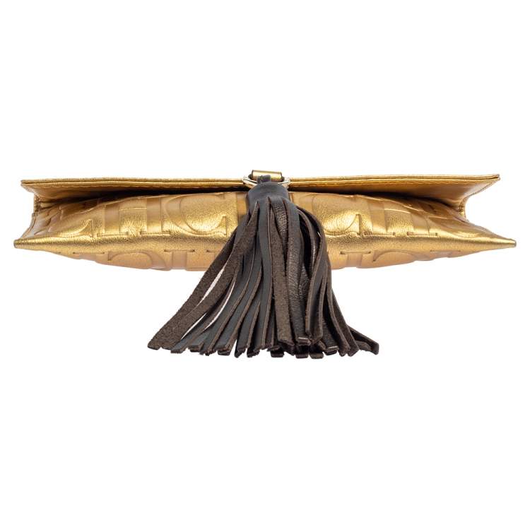 Pre Owned Carolina Herrera Metallic Gold Monogram Leather Tassel Clutch