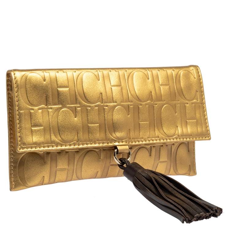 Pre Owned Carolina Herrera Metallic Gold Monogram Leather Tassel Clutch