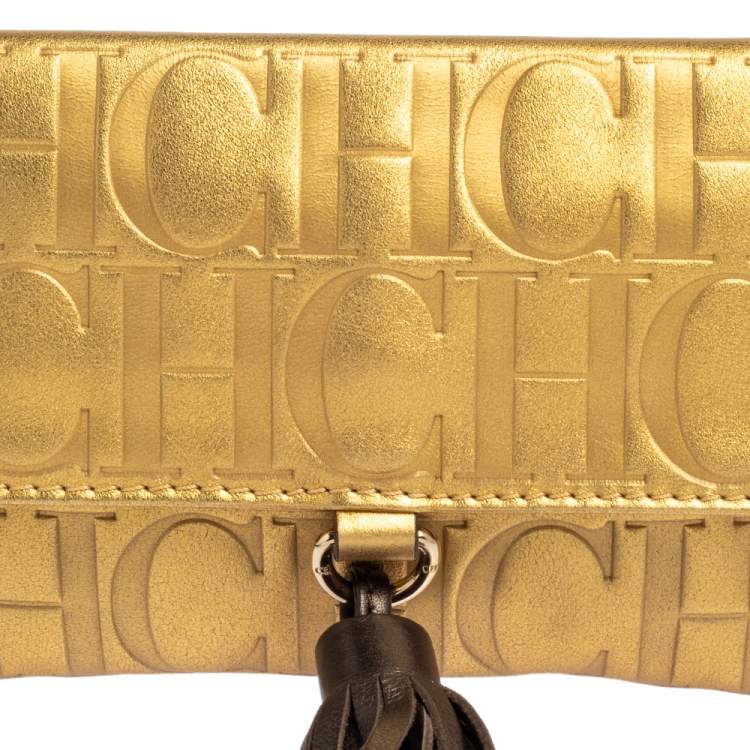 Pre Owned Carolina Herrera Metallic Gold Monogram Leather Tassel Clutch