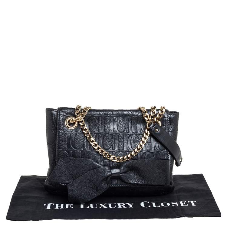 Pre Owned Carolina Herrera Black Monogram Leather Audrey Shoulder Bag