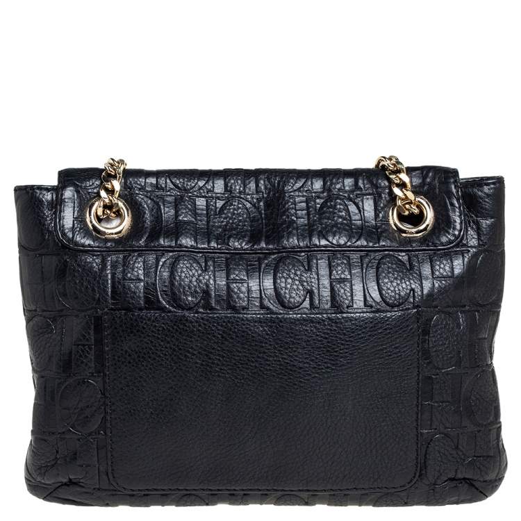 Pre Owned Carolina Herrera Black Monogram Leather Audrey Shoulder Bag