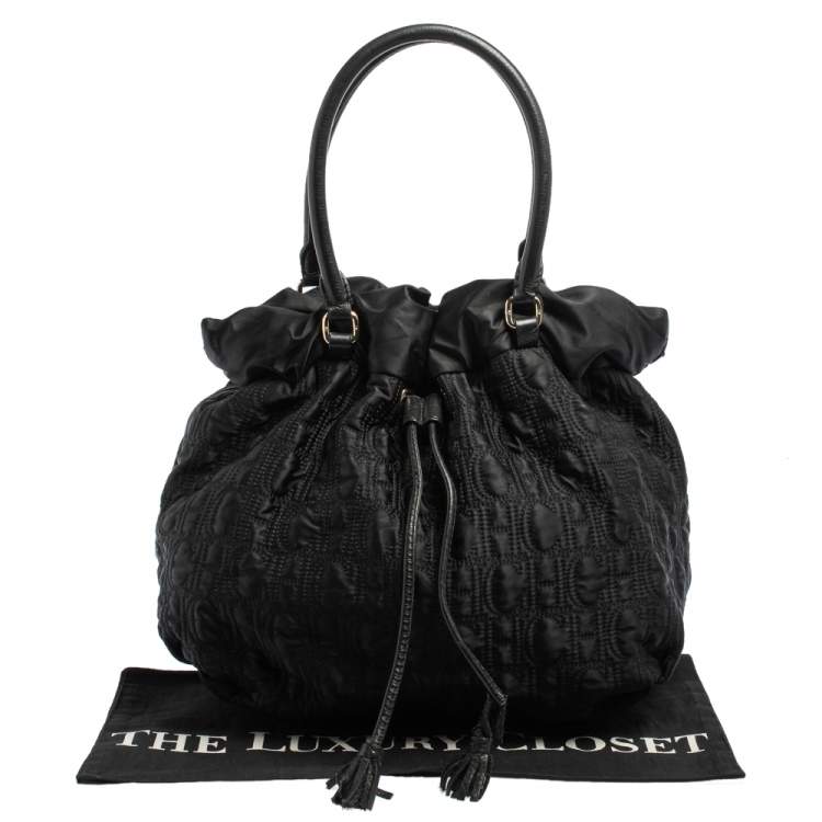 Pre Owned CH Carolina Herrera Black Embossed Nylon Bow Bucket Bag