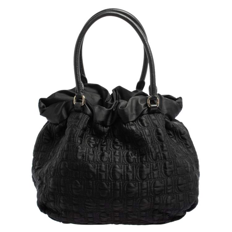 Pre Owned CH Carolina Herrera Black Embossed Nylon Bow Bucket Bag