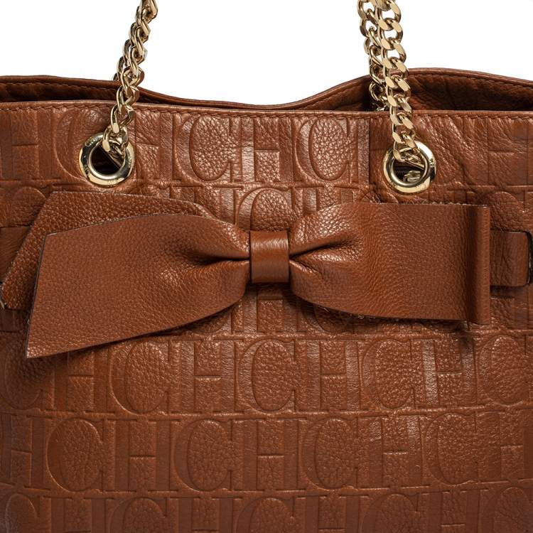 Pre Owned CH Carolina Herrera Brown Monogram Leather Audrey Tote