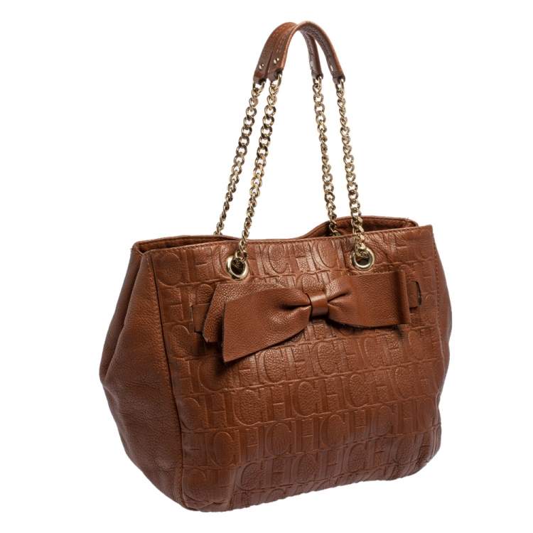 Pre Owned CH Carolina Herrera Brown Monogram Leather Audrey Tote