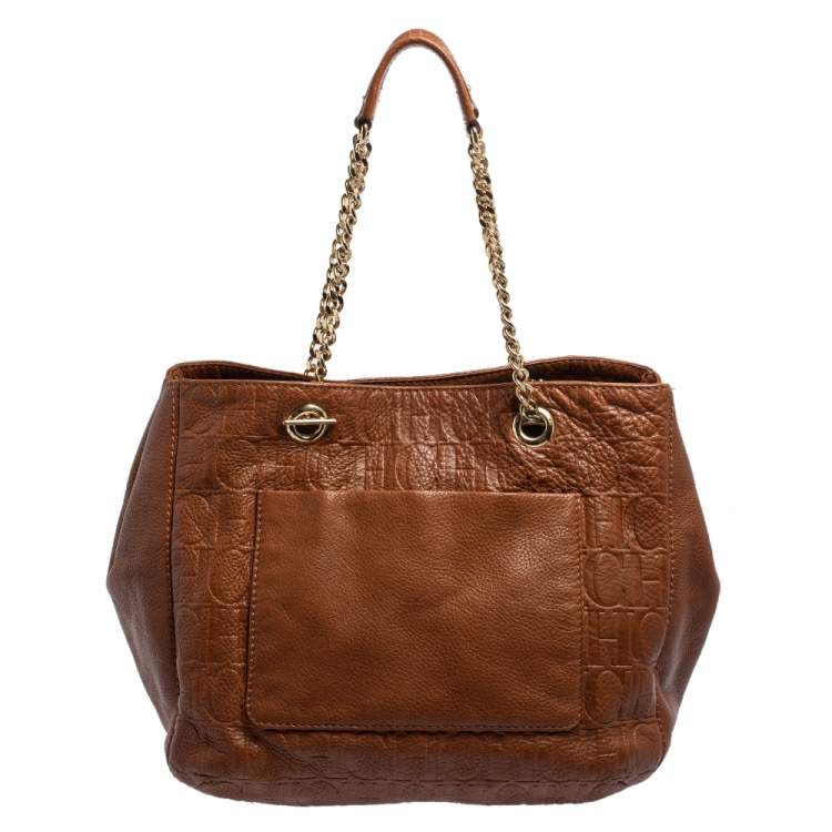 Pre Owned CH Carolina Herrera Brown Monogram Leather Audrey Tote