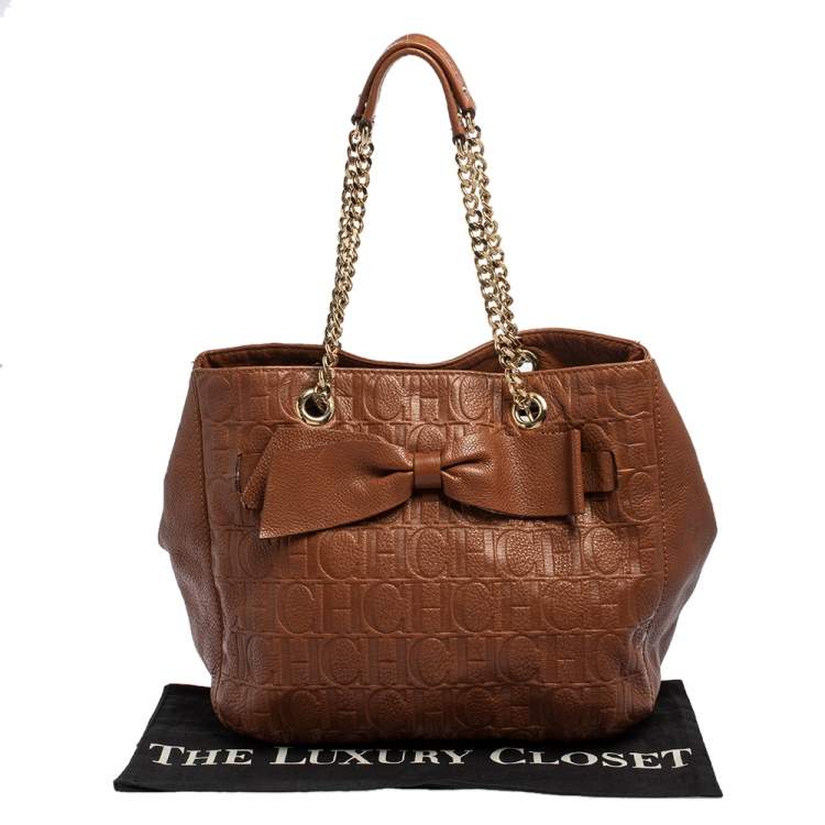 Pre Owned CH Carolina Herrera Brown Monogram Leather Audrey Tote