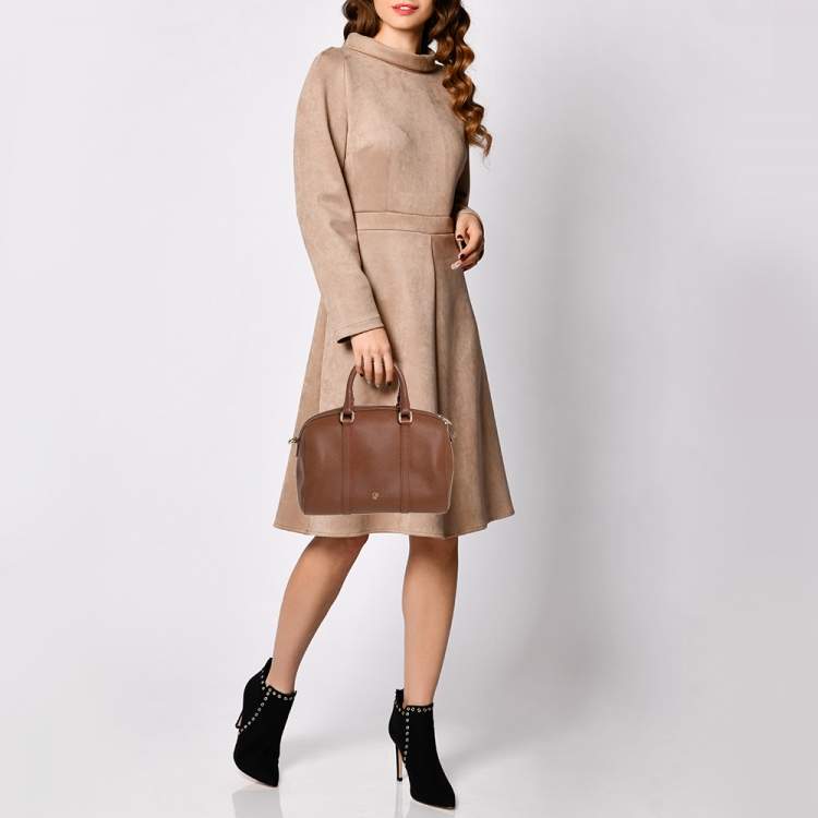 Pre Owned Carolina Herrera Brown Textured Leather Mini Andy Boston Bag