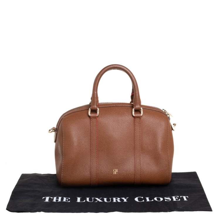 Pre Owned Carolina Herrera Brown Textured Leather Mini Andy Boston Bag