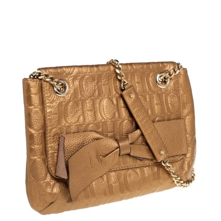 Pre Owned Carolina Herrera Gold Monogram Leather Audrey Shoulder Bag
