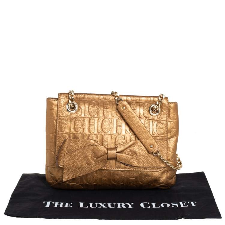 Pre Owned Carolina Herrera Gold Monogram Leather Audrey Shoulder Bag