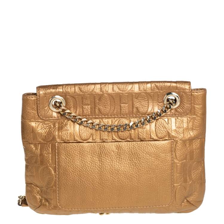Pre Owned Carolina Herrera Gold Monogram Leather Audrey Shoulder Bag