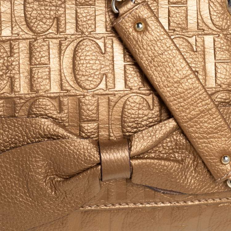 Pre Owned Carolina Herrera Gold Monogram Leather Audrey Shoulder Bag