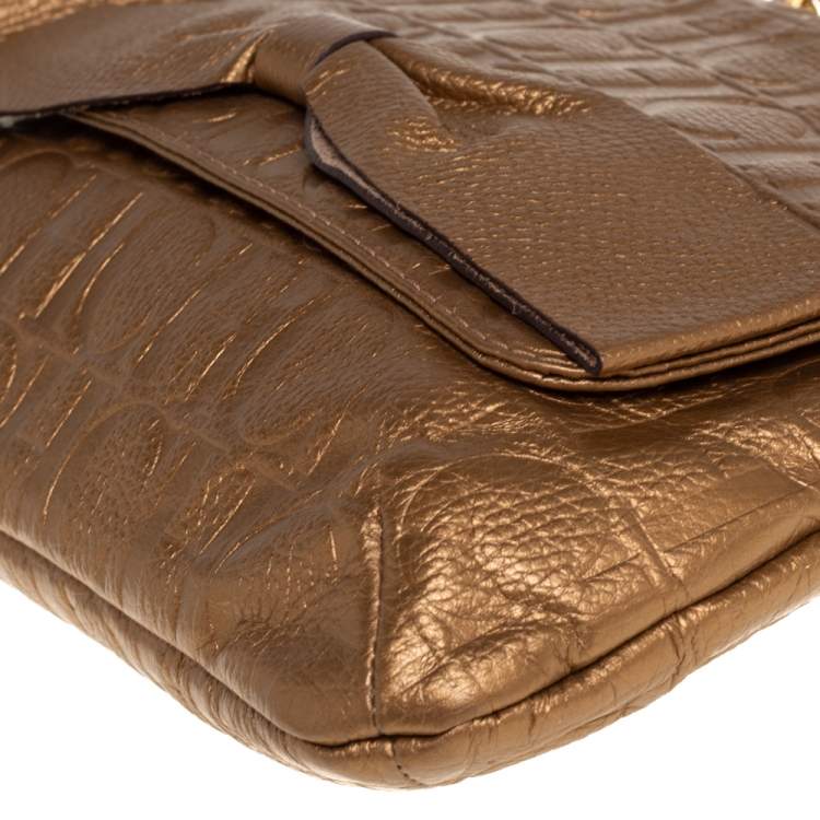 Pre Owned Carolina Herrera Gold Monogram Leather Audrey Shoulder Bag
