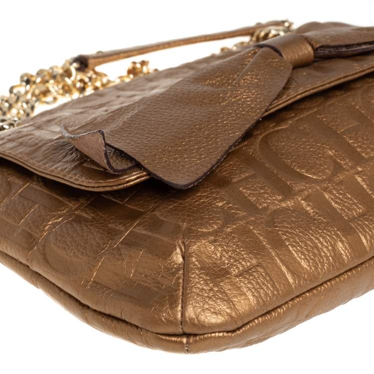 Pre Owned Carolina Herrera Gold Monogram Leather Audrey Shoulder Bag