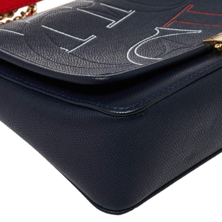 Pre Owned CH Carolina Herrera Navy Blue Leather Flap Shoulder Bag