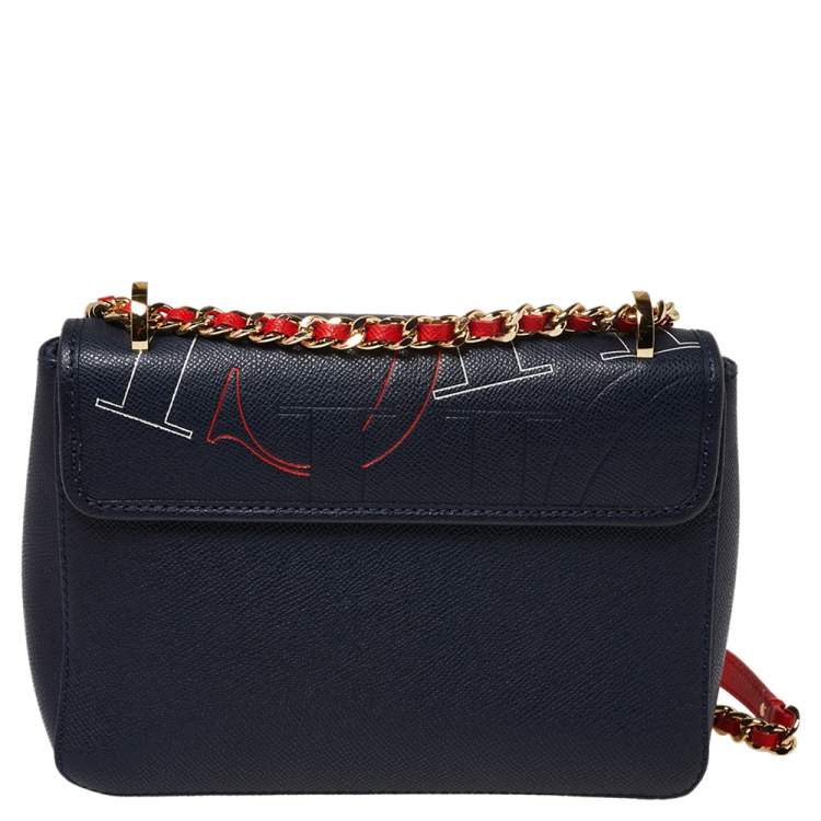 Pre Owned CH Carolina Herrera Navy Blue Leather Flap Shoulder Bag