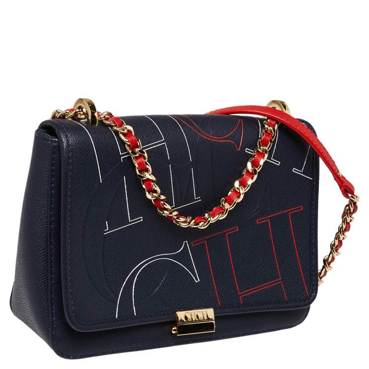 Pre Owned CH Carolina Herrera Navy Blue Leather Flap Shoulder Bag