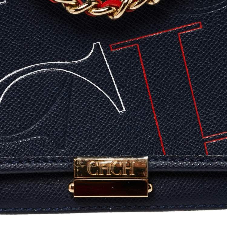 Pre Owned CH Carolina Herrera Navy Blue Leather Flap Shoulder Bag