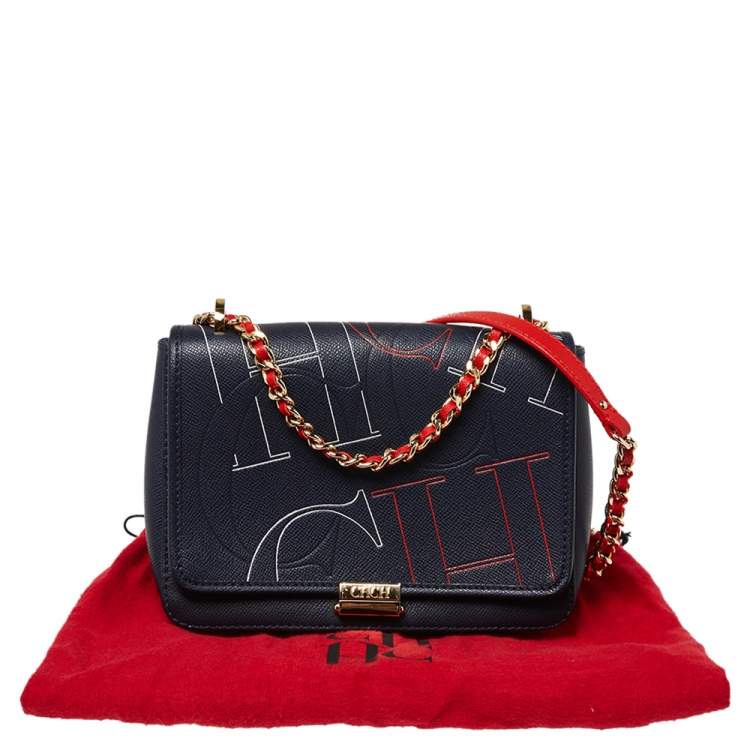 Pre Owned CH Carolina Herrera Navy Blue Leather Flap Shoulder Bag