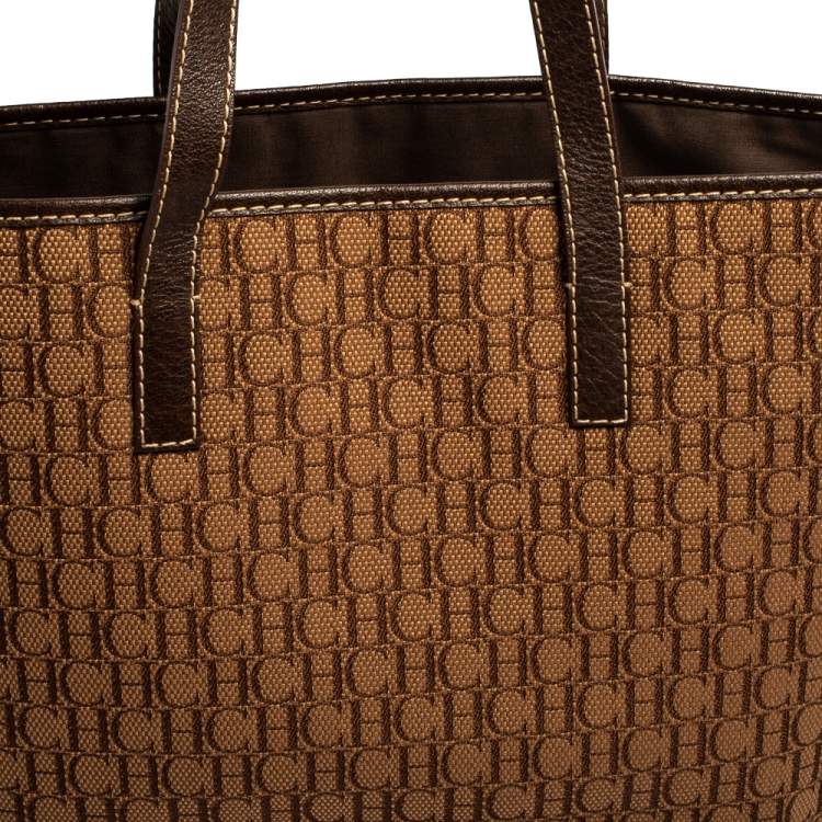 Pre Owned CH Carolina Herrera Brown Monogram Canvas and Leather Shopper Tote