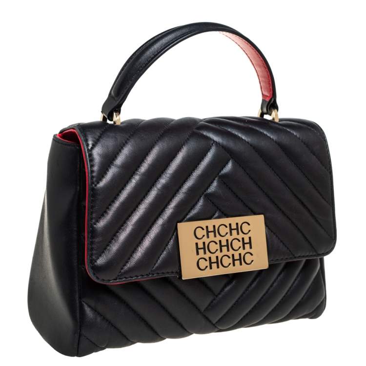 Pre Owned Carolina Herrera Black Quilted Leather Flap Top Handle Bag