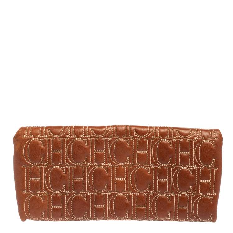 Pre Owned Carolina Herrera Brown Monogram Leather Clutch
