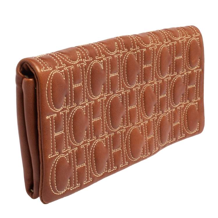 Pre Owned Carolina Herrera Brown Monogram Leather Clutch