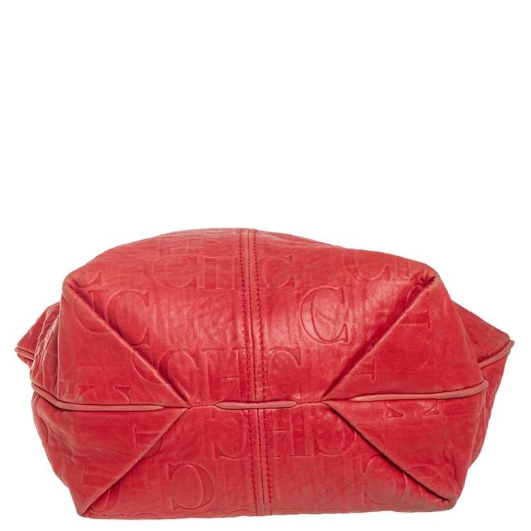 Pre Owned CH Carolina Herrera Red CH Embossed Leather Expandable Hobo