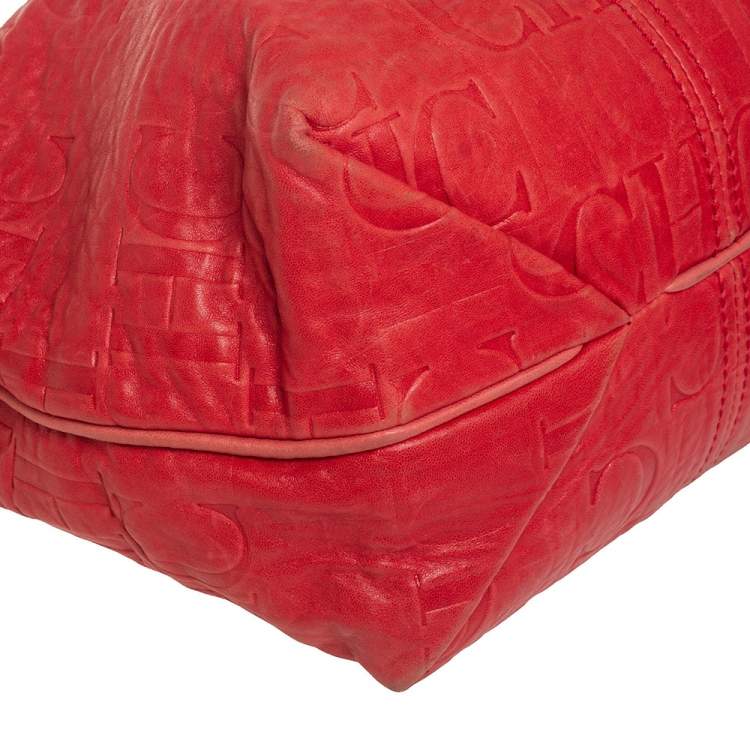Pre Owned CH Carolina Herrera Red CH Embossed Leather Expandable Hobo