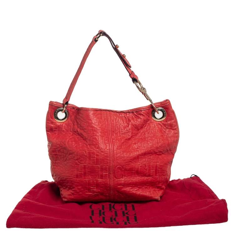Pre Owned CH Carolina Herrera Red CH Embossed Leather Expandable Hobo