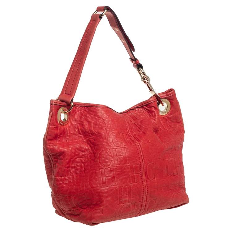 Pre Owned CH Carolina Herrera Red CH Embossed Leather Expandable Hobo
