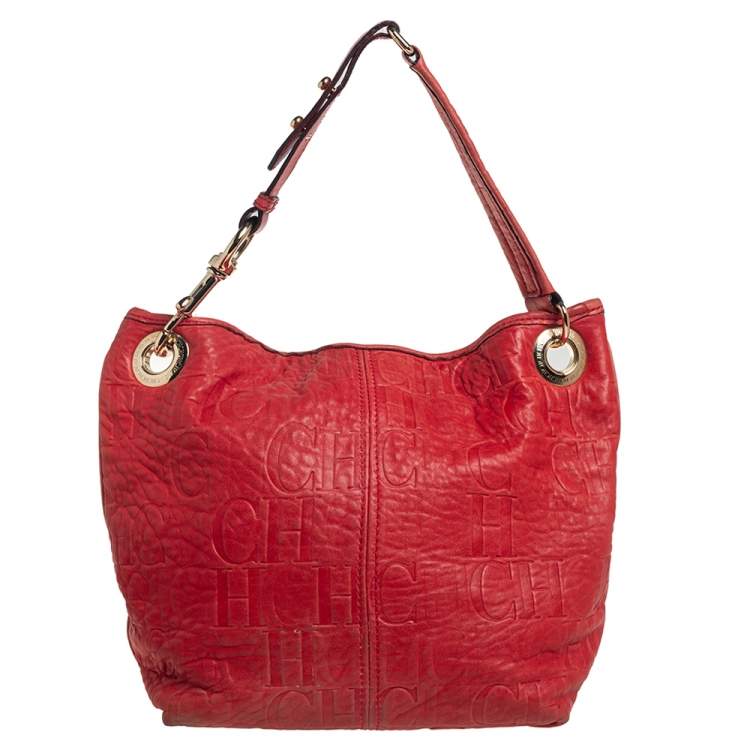 Pre Owned CH Carolina Herrera Red CH Embossed Leather Expandable Hobo