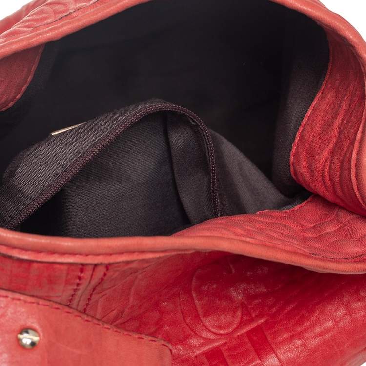 Pre Owned CH Carolina Herrera Red CH Embossed Leather Expandable Hobo