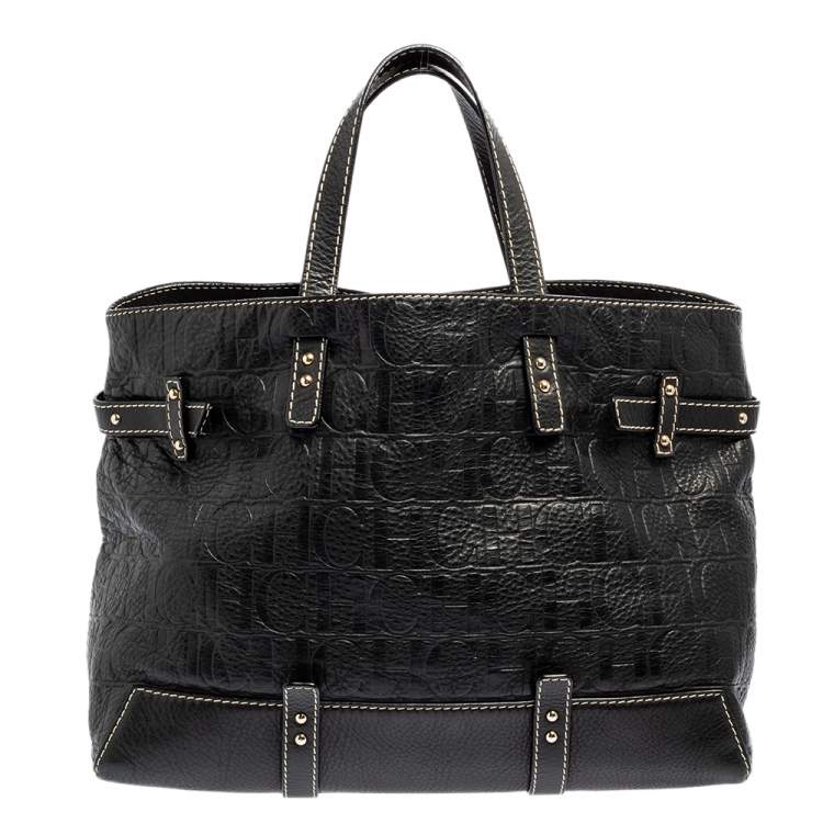 Pre Owned Carolina Herrera Black Monogram Embossed Leather Tote