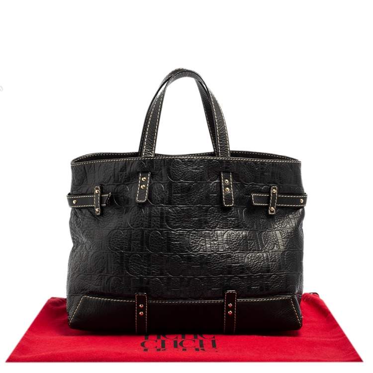 Pre Owned Carolina Herrera Black Monogram Embossed Leather Tote
