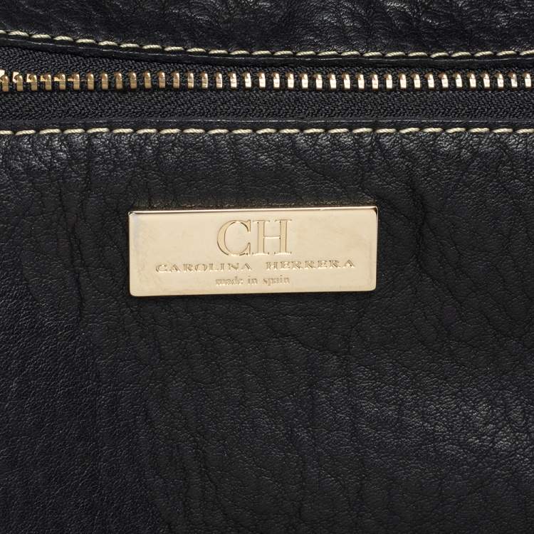 Pre Owned Carolina Herrera Black Monogram Embossed Leather Tote