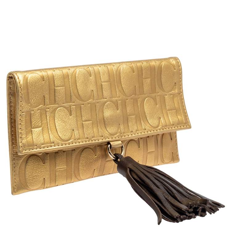 Pre Owned Carolina Herrera Gold Monogram Leather Tassel Clutch