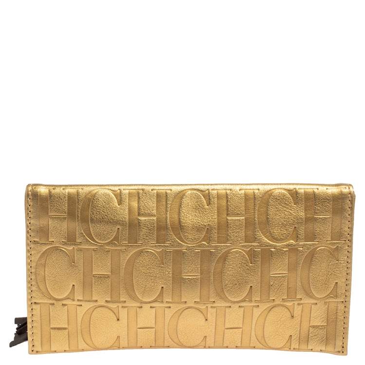 Pre Owned Carolina Herrera Gold Monogram Leather Tassel Clutch
