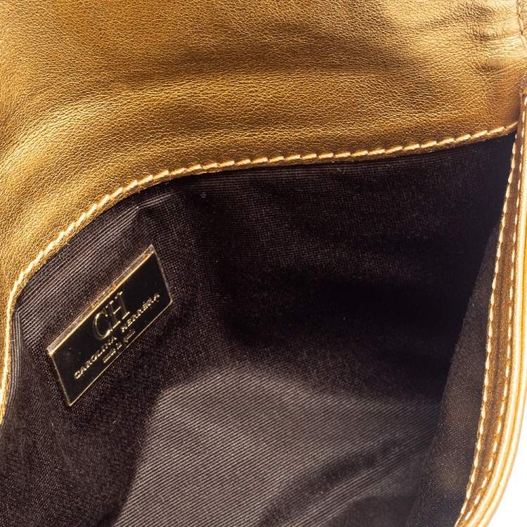 Pre Owned Carolina Herrera Gold Monogram Leather Tassel Clutch