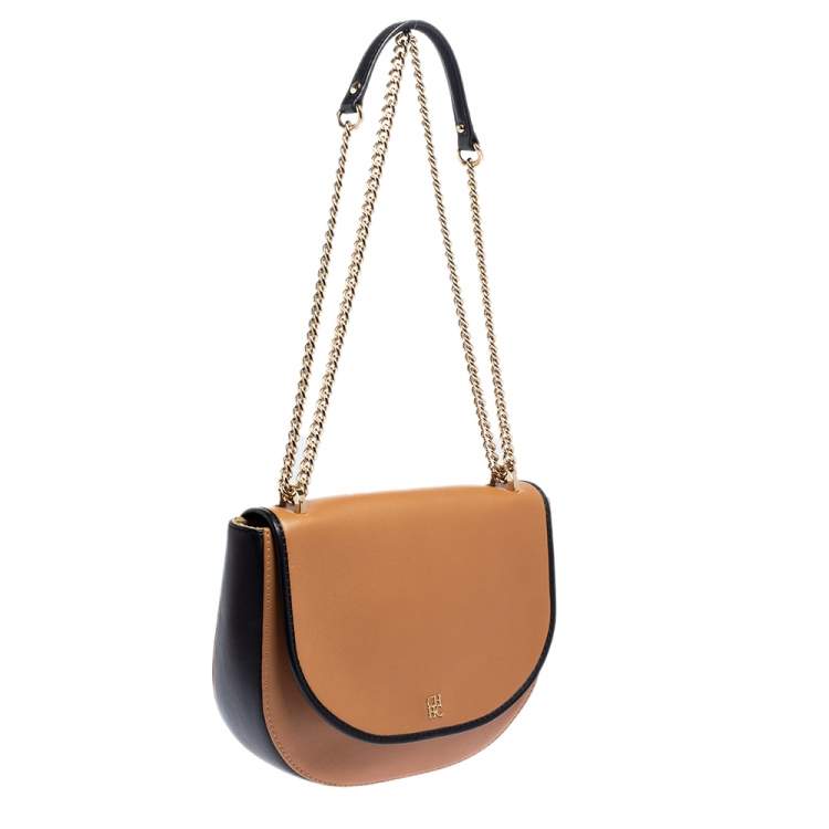 Pre Owned Carolina Herrera Brown/Black Leather Flap Chain Shoulder Bag