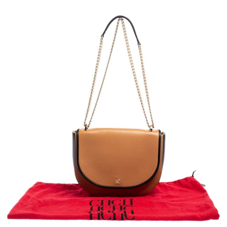 Pre Owned Carolina Herrera Brown/Black Leather Flap Chain Shoulder Bag