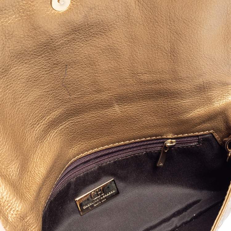 Pre Owned Carolina Herrera Gold Monogram Embossed Leather Bow Chain Clutch 